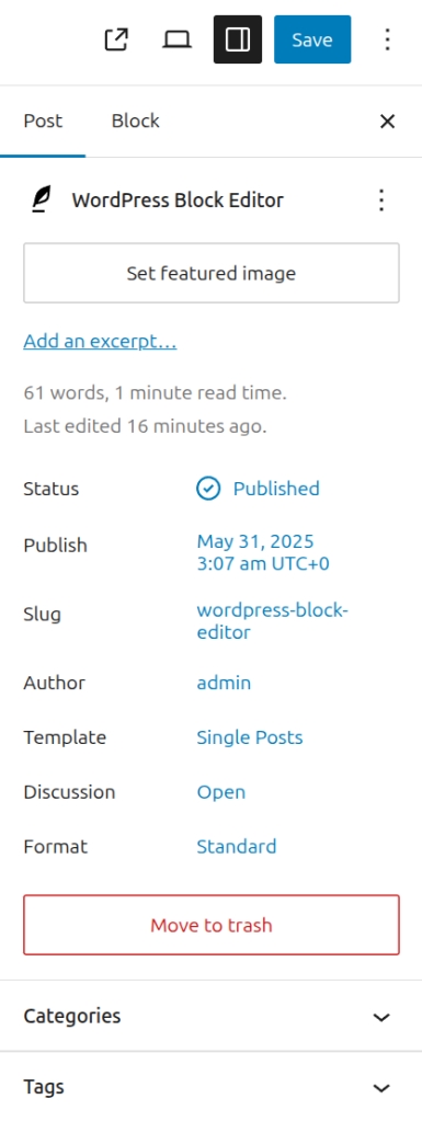 Page or block settings.